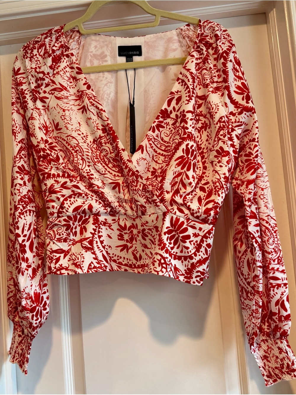 Lucy Paris Red White Paisley Floral Smocked Crop Top Blouse Medium NWT
